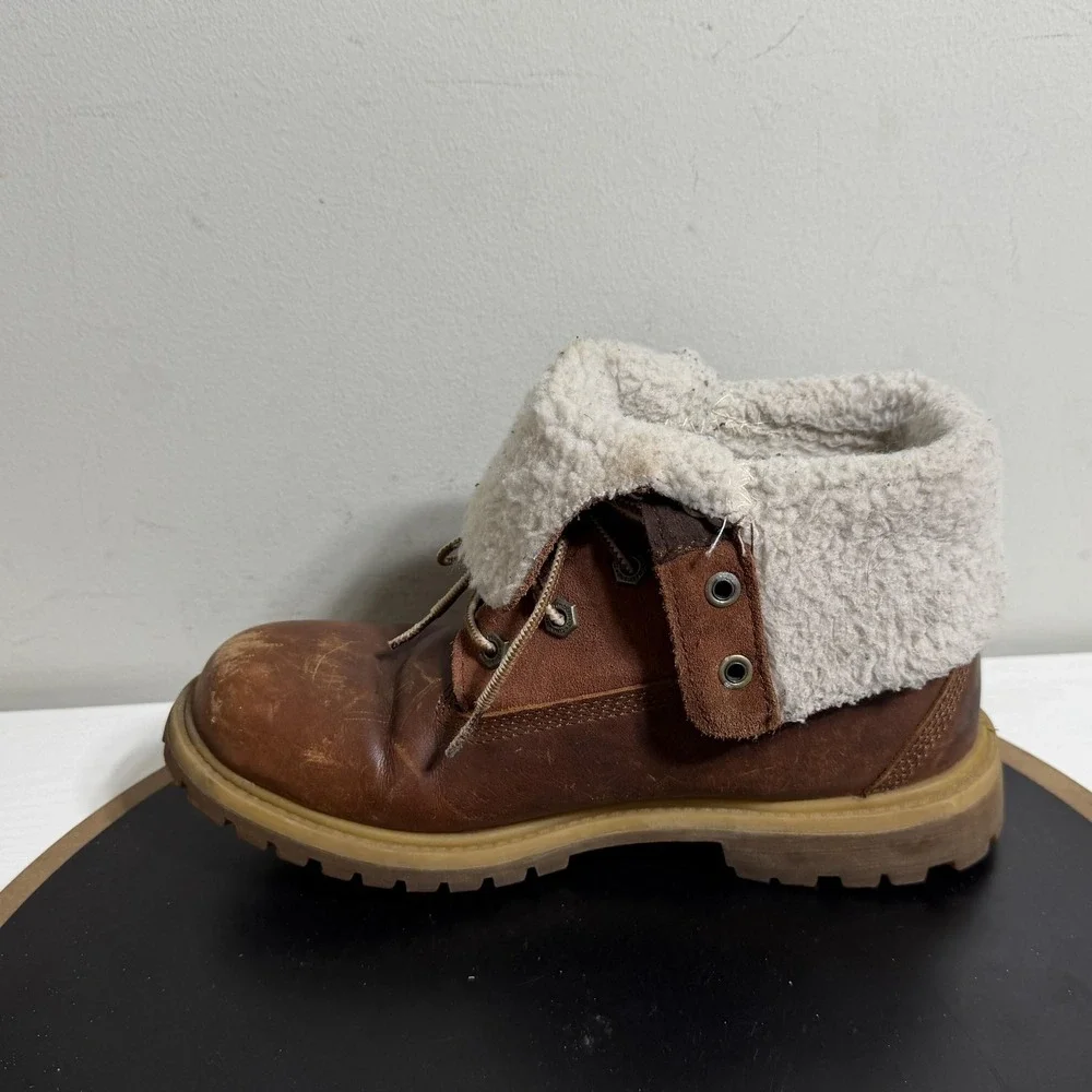 Timberland Boots Men Size 5 Brown Leather Shearling Lined Fold‎ Down Grunge